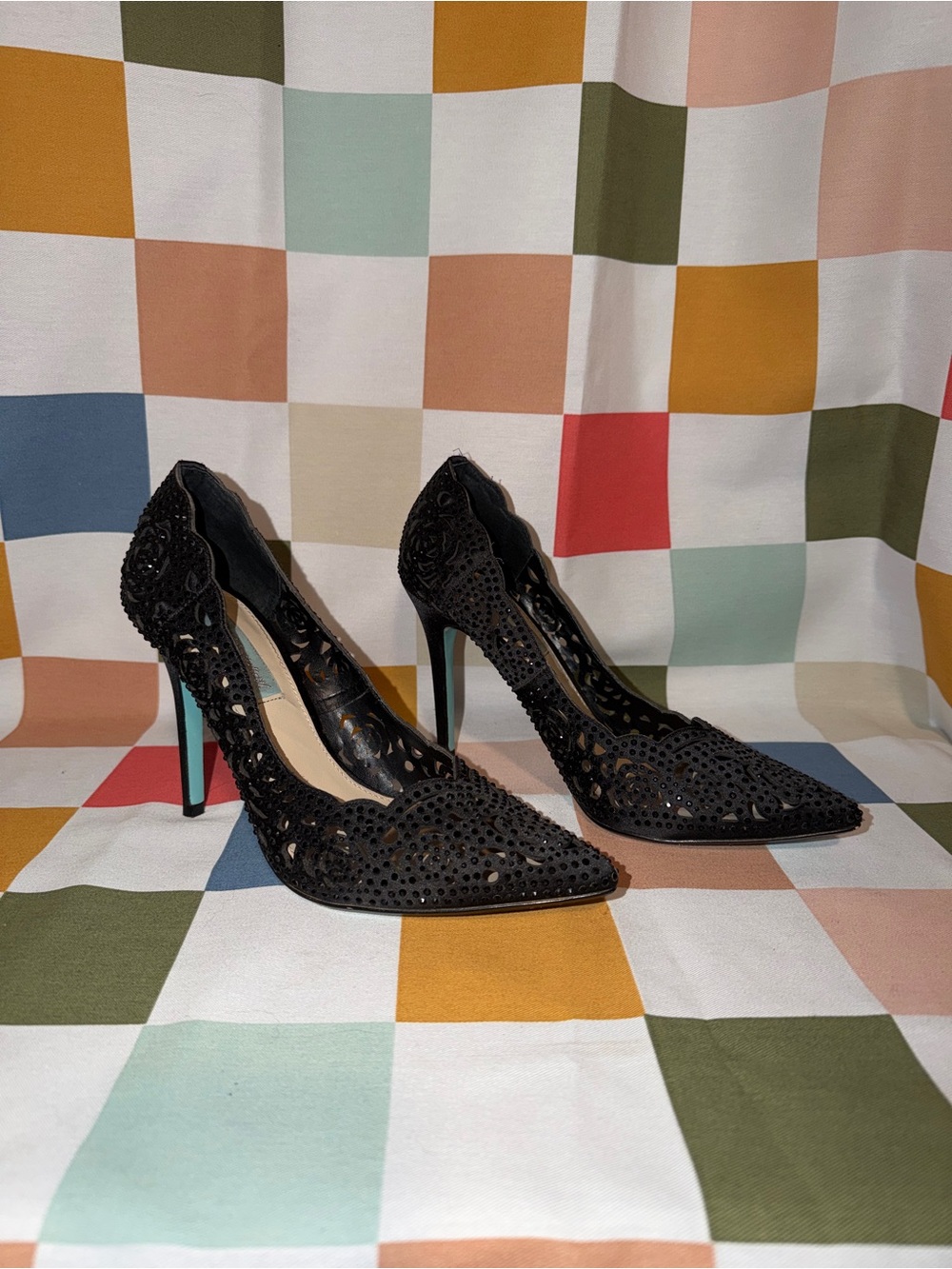 Blue by Betsey Johnson Black Crystal Cutout Laser Cut Pointed Toe Stiletto Heels